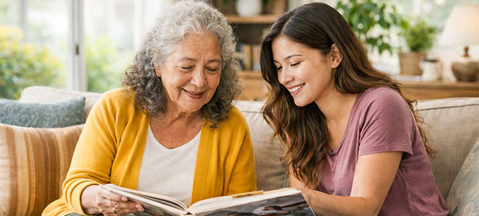 Older woman and younger companion reading a book together on a couch at home