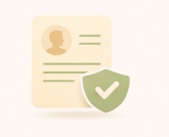 Minimal icon of a document with profile silhouette and a green shield checkmark, in sage and cream tones.