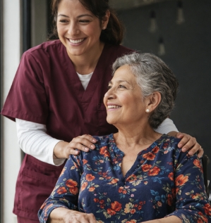 Caregiver stands behind an older woman, gently resting her hands on her shoulders as they smile together indoors.