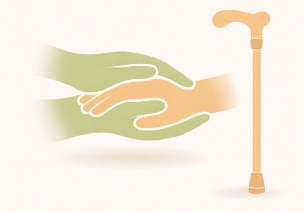Minimal icon of two hands gently supporting an older adult’s hand with a cane, in sage green and warm cream tones