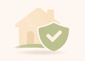 Minimal icon of a cream house with overlapping sage shield and checkmark.