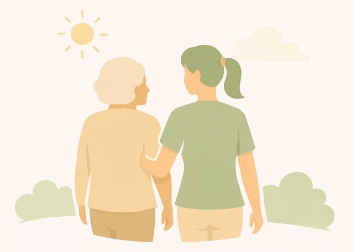 Minimal icon of a caregiver walking beside an older woman outdoors under a soft sun and cloud, in sage and cream tones.