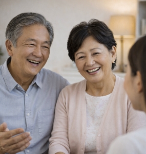 Older couple smiles while speaking with a caregiver who is seated in front of them in a cozy living room.
