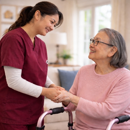 Caregiver in scrubs holds an older woman’s hands beside a walker as they smile at each other in a bright living room.
