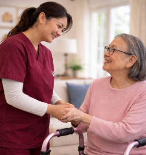Caregiver in scrubs holds an older woman’s hands beside a walker as they smile at each other in a bright living room.