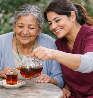 Caregiver pours tea into a small glass cup for a smiling older woman at an outdoor table in a garden.