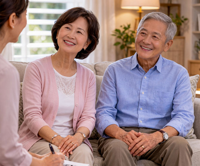 Senior Asian couple in their 70s sitting on a sofa in a bright living room, speaking with a caregiver during a warm in-home consultation.